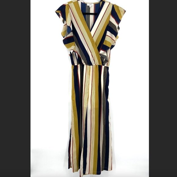UMGEE Olive Mustard Yellow Blue Striped Ruffle Wide Leg Faux Wrap Jumpsuit Small - Picture 1 of 8
